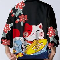 Quimono Samurai Com Estampa De Gato Masculino Yukata Harajuku Cardigan Roupas Tradicionais Japonesas