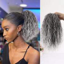 Rabo de cavalo curto cinza com cordão, extensões de cabelo cinza encaracolado, clipe em pedaços de cabelo sintéticos para mulheres negras, pãezinhos d Rabo de cavalo curto cinza com cordão, extensões de cabelo cinza encaracolado, clipe em pedaços de cabelo sintéticos para mulheres negras, pãezinhos d
