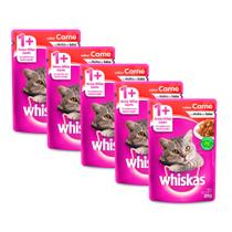 Ração Úmida para Gatos Whiskas Adulto 1+ Anos Sabor Carne ao Molho em Sachê 85g Kit com cinco unidades