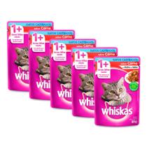 Ração Úmida para Gatos Whiskas Adultos 1+ Anos Castrados Sabor Carne Sachê 85g Kit com cinco unidades