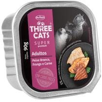 Ração Úmida Three Cats Super Premium Patê Peixe Branco, Frango e Carne para Gatos Adultos - 90 g