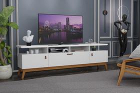 Rack ABS 1.80m Estilo Retrô Com Pés em Madeira e Puxadores em Couro Para TV Até 70'' 3 Portas Cor Branco