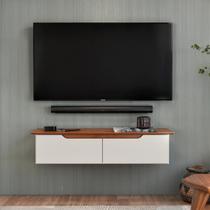 Rack Aparador Suspenso Sala Tv 112cm Decoração Versátil Nicho 2 Portas Basculantes E Régua Dupla Face Off White Freijó - EJ MÓVEIS