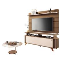 Rack Bancada Alba com Painel Curv com Mesa de Centro Sky com Tampo de Vidro Castanho Off White HB Móveis Rack Bancada Alba com Painel Curv com Mesa de Centro Sky com Tampo de Vidro Castanho Off White HB Móveis