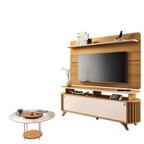 Rack Bancada Alba com Painel Curv com Mesa de Centro Sky com Tampo de Vidro Cinamomo Off White HB Móveis