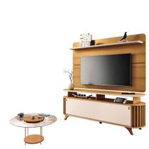 Rack Bancada Alba Com Painel Curv Com Mesa De Centro Sky Com Tampo De Vidro Cinamomo Off White - Hb Móveis