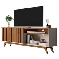 RACK BANCADA BURT RIPADO 160cm RETRÔ PÉS MADEIRA OFF WHITE / FREIJÓ PARA TV ATÉ 60'' POLEGADAS COM PORTA LATERAL