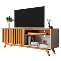 RACK BANCADA BURT RIPADO 160cm RETRÔ PÉS MADEIRA OFF WHITE / NATURE PARA TV ATÉ 60'' POLEGADAS COM PORTA LATERAL