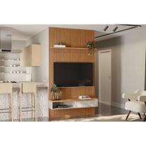 Rack Bancada c/ Painel p/ TV até 60 Pol Modular 1.4 Ripado 1 Portas 1 Prat. 141x250cm Nature/Off White - Linea Brasil
