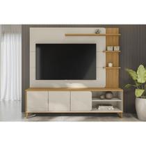 Rack Bancada c/ Painel p/ TV até 70 Pol Napoli 3 Portas 4 Prateleiras e LED 193x200cm Tauari/Off White Fosco - Linea Brasil