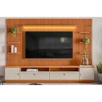 Rack Bancada c/ Painel p/ TV até 75 Pol Ouro Preto Ripado 2Gav. 2Ptas. 4Prat. e Leds 224x198cm Nature/Off White - Linea Brasil