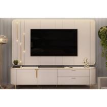 Rack Bancada c/Painel p/TV até 75 Polegadas Celine 100% MDF Led 241x189cm Off White - DJ Móveis