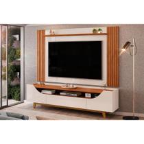 Rack Bancada c/ Painel p/ TV até 75 Polegadas Lotus Ripado Nichos 220x192cm Off White/Freijó - DJ Móveis