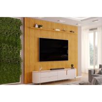 Rack Bancada c/ Painel p/ TV até 80 Pol Pratic / Celine Ripado Portas e Gavetas 275x240cm Cedro/Off White - DJ Móveis