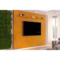 Rack Bancada c/ Painel p/ TV até 85 Pol Pratic Ripado 1 Prateleira 275x240cm Cedro - DJ Móveis Rack Bancada c/ Painel p/ TV até 85 Pol Pratic Ripado 1 Prateleira 275x240cm Cedro - DJ Móveis