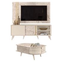Rack Bancada E Painel Para Tv Cronos Com Mesa De Centro Indianápolis Calacata Off White - Madetec