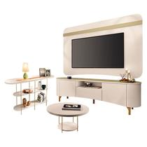 Rack Bancada Elara e Painel Armony Off White Champanhe com Mesa de Centro Sky e Aparador Infinity Off White - HB Móveis