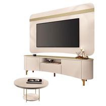 Rack Bancada Elara e Painel Armony Off White Champanhe com Mesa de Centro Sky Off White - HB Móveis Rack Bancada Elara e Painel Armony Off White Champanhe com Mesa de Centro Sky Off White - HB Móveis