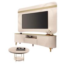 Rack Bancada Elara E Painel Armony Off White Champanhe Com Mesa De Centro Sky Off White - Hb Móveis