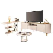 Rack Bancada Elara Off White Champanhe com Mesa de Centro Sky com tampo de Vidro e Aparador Infinity Off White - HB Móveis