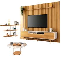 Rack Bancada Época com Painel Ripado You 2.7 com Mesa de Centro Sky com Tampo de Vidro e Aparador Infinity Cinamomo Off White - HB Móveis