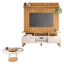 Rack Bancada Essenza e Painel Link 1.6 com Mesa de Centro Sky com Tampo de Vidro Off White Cinamomo HB Móveis