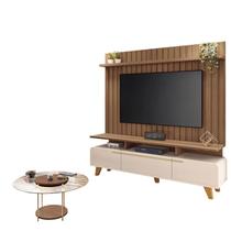 Rack Bancada Essenza e Painel Link 2.0 com Mesa de Centro Sky com Tampo de Vidro Off White Castanho HB Móveis