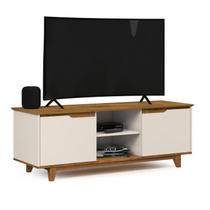 Rack Bancada Flow para Tv 146 cm 2 Portas com Pés de Madeira OffWhite com Freijó - Rede Móveis