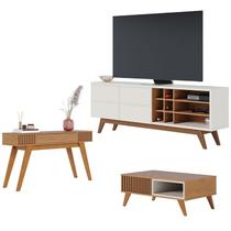 Rack Bancada Noronha 1.8 Off White Matte Freijó com Mesa de Centro Jeri Freijó Off White e Aparador Riviera Freijó Colibri