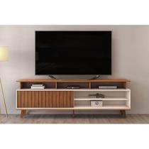 Rack Bancada p/TV até 70 Polegadas Flow Ripado c/ Nichos e Pés 180x60cm Freijó/Off White - DJ Móveis