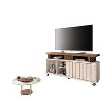 Rack Bancada Rivera 1.3 com Mesa de Centro Sky com Tampo de Vidro Castanho Off White HB Móveis Rack Bancada Rivera 1.3 com Mesa de Centro Sky com Tampo de Vidro Castanho Off White HB Móveis