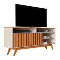 RACK BANCADA TURN RIPADO 1.36m RETRÔ PÉS MADEIRA OFF WHITE / NATURE PARA TV ATÉ 60'' POLEGADAS COM PORTA LATERAL