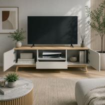 Rack Bancada Tv 2 Portas Arredondadas 180cm Nicho e Pés de Madeira R1496 Bege Arenas Carvalho Tropical Rack Bancada Tv 2 Portas Arredondadas 180cm Nicho e Pés de Madeira R1496 Bege Arenas Carvalho Tropical