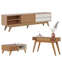 Rack Bancada Veneza Com Mesa De Centro Jeri Freijó Off White Matte E Aparador Riviera Freijó - Colibri