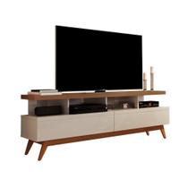 RACK BANCADA VIVA 160cm RETRÔ GRANDE COR OFF WHITE / FREIJÓ PARA TV ATÉ 65'' POLEGADAS COM 2 GAVETAS PÉS RETRÔ