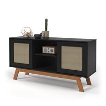 Rack Buffet Aparador Rattan Com Duas Porta De Correr Para Decoração e Organização da Sala Design Moderno Pés Em Madeira Preto