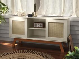 Rack Buffet Com Duas Porta De Correr Rattan Pés Em Madeira Off White - Ofertamo