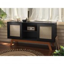 Rack Buffet Com Duas Porta De Correr Rattan Pés Em Madeira Preto - Ofertamo Rack Buffet Com Duas Porta De Correr Rattan Pés Em Madeira Preto - Ofertamo