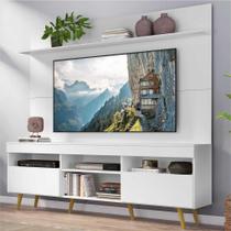 Rack c/ Painel e Suporte TV 65" Madri Multimóveis Pés Retrô e Prateleira Branco/Natural