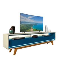 Rack Com LED Pra TV 75 Polegadas 212cm Requinte Pés Madeira Gelius Off White/Azul