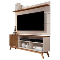 Rack Com Painel 1.36 TV Até 55 Retrô Pés Madeira Porta Nichos Prateleira Malbec Wood