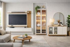 Rack com Painel para Tv 70 Polegadas Ripado 1 Cristaleira 2 Portas e 1 Buffet 4 Portas