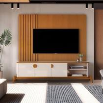 Rack com Painel para TV até 70 Polegadas Ripado Pés em Madeira Maciça 100% MDF 136CMX195CM Boto Espresso Móveis Bege Rack com Painel para TV até 70 Polegadas Ripado Pés em Madeira Maciça 100% MDF 136CMX195CM Boto Espresso Móveis Bege