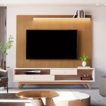 Rack com Painel para TV até 75 Polegadas com Led Ripado Impressão Pés Madeira Maciça