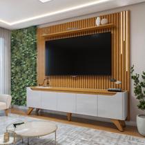 Rack com Painel para TV até 75 Polegadas Ripado com Led 310x220cm Pés Madeira Maciça Grécia Paris