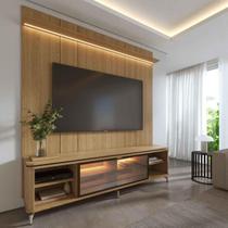 Rack com Painel para TV até 85" 1 Prateleira 1 Porta Vidro Reflecta e LED Lincoln Float 215cm Carvalho c/ Champanhe Rack com Painel para TV até 85" 1 Prateleira 1 Porta Vidro Reflecta e LED Lincoln Float 215cm Carvalho c/ Champanhe
