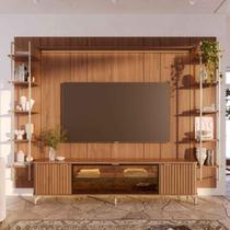 Rack com Painel para TV até 85" 11 Prateleiras e LED Neon Float 291cm - Canella c/ Champanhe