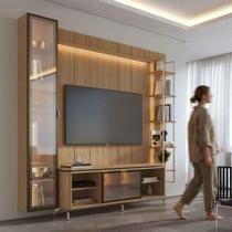 Rack com Painel para TV até 85" 6 Prateleiras e Cristaleira 1 Porta Vidro Reflecta e LED Lincoln Float 254cm Carvalho c/ Champanhe Rack com Painel para TV até 85" 6 Prateleiras e Cristaleira 1 Porta Vidro Reflecta e LED Lincoln Float 254cm Carvalho c/ Champanhe