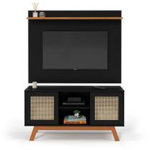 Rack com Painel Rattan Portas de Correr Preto