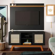 Rack com Painel Rattan Portas de Correr Preto